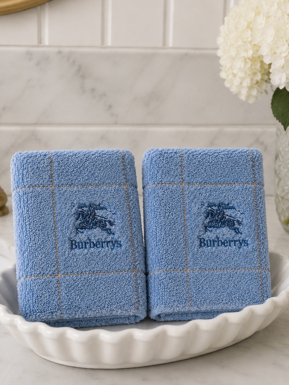 Vintage Burberrys London 2pc Cotton Towel Set Blue Check NIB Japan